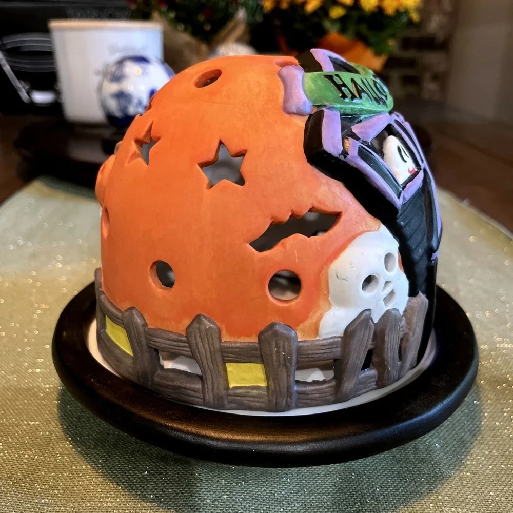 Halloween Tea Light Candle Dome Ghosts Pumpkins Bats Vintage 1999 Ceramic Spooky